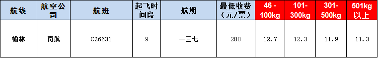 10月28号广州到榆林空运价格